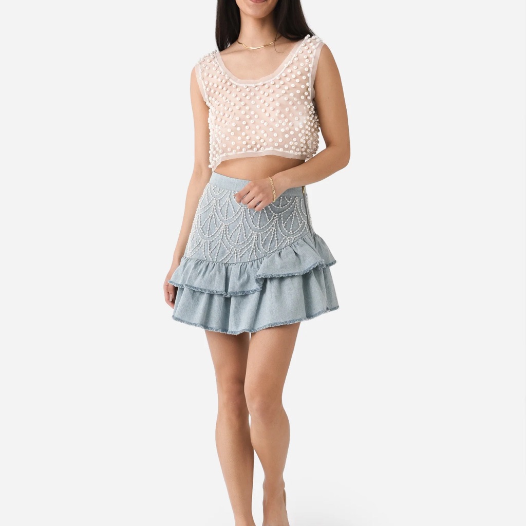 Loveshackfancy Blue Embroidered Anaya Mini Skirt